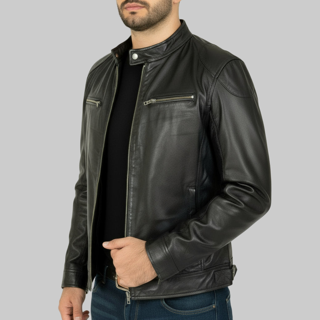 Black leather jacket worn by a person on a white background