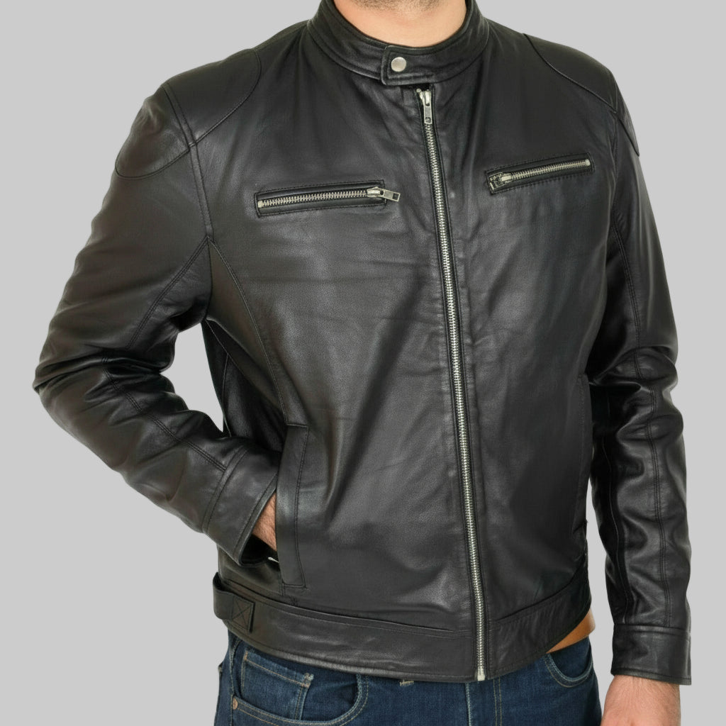 Black leather jacket worn by a person on a white background