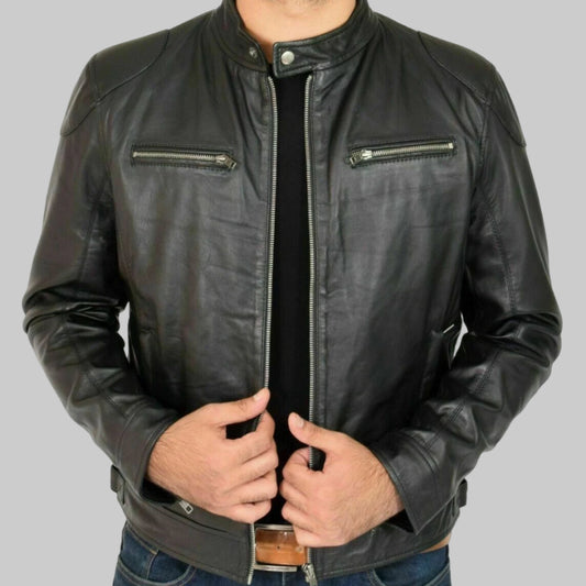 Black leather jacket worn by a person on a white background