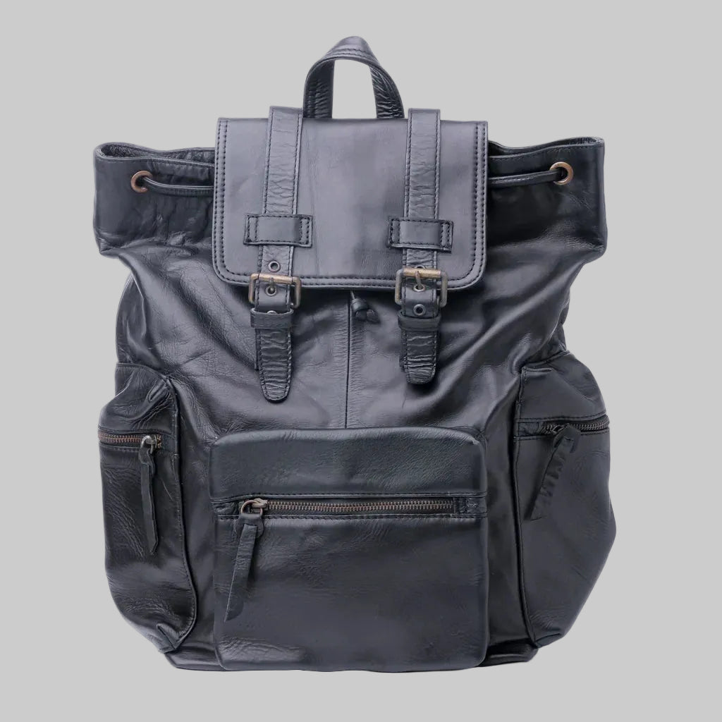 Black leather backpack on a white background