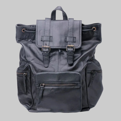 Black leather backpack on a white background