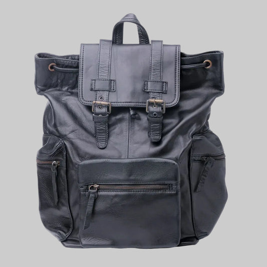 Black leather backpack on a white background