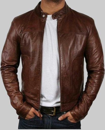 Brown leather jacket worn by a person on a white background