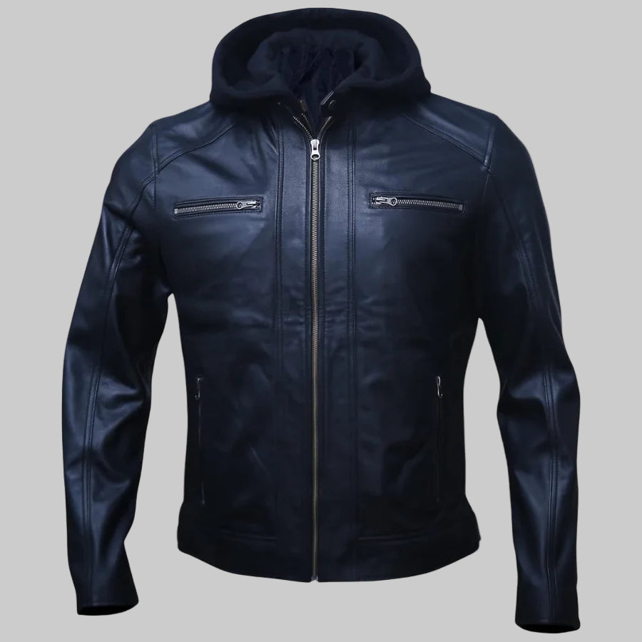 Black leather jacket with a hood on a white background