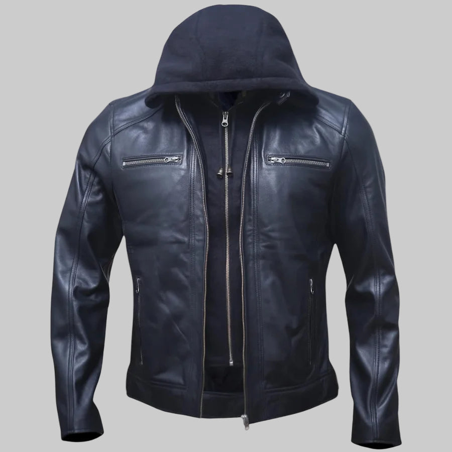 Black leather jacket with a hood on a white background