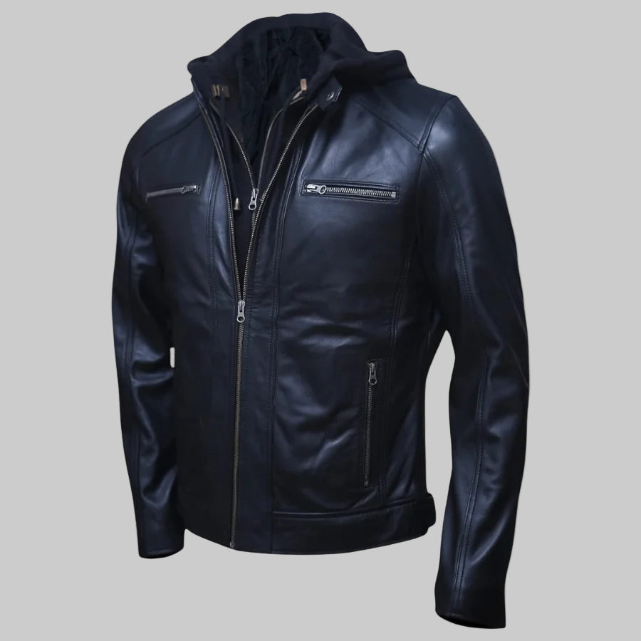 Black leather jacket with zippers on a white background