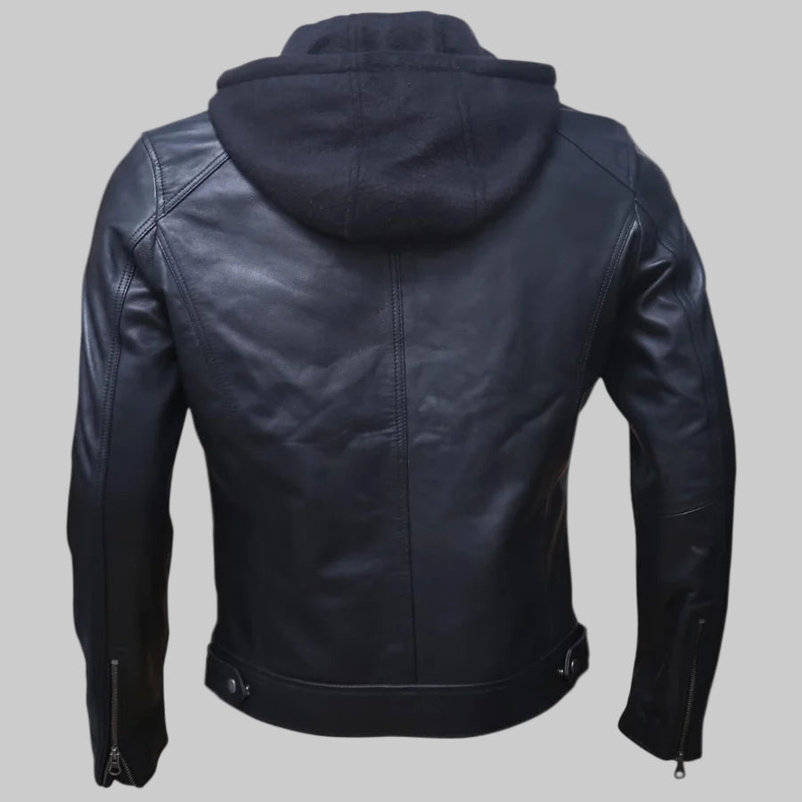 Black leather jacket with a hood on a white background