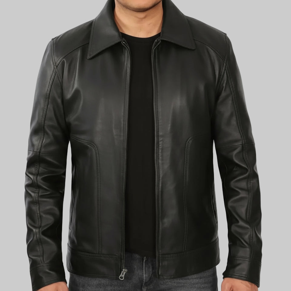 Black leather jacket worn by a person on a white background