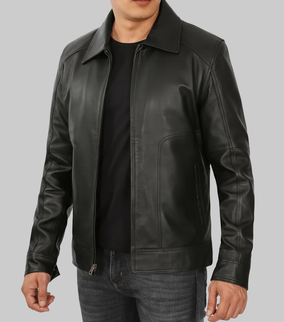 Black leather jacket worn by a person on a white background