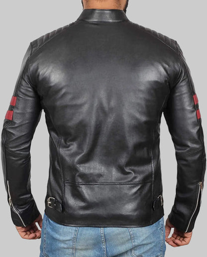 Black leather jacket with red patches on sleeves worn by a person, on a white background