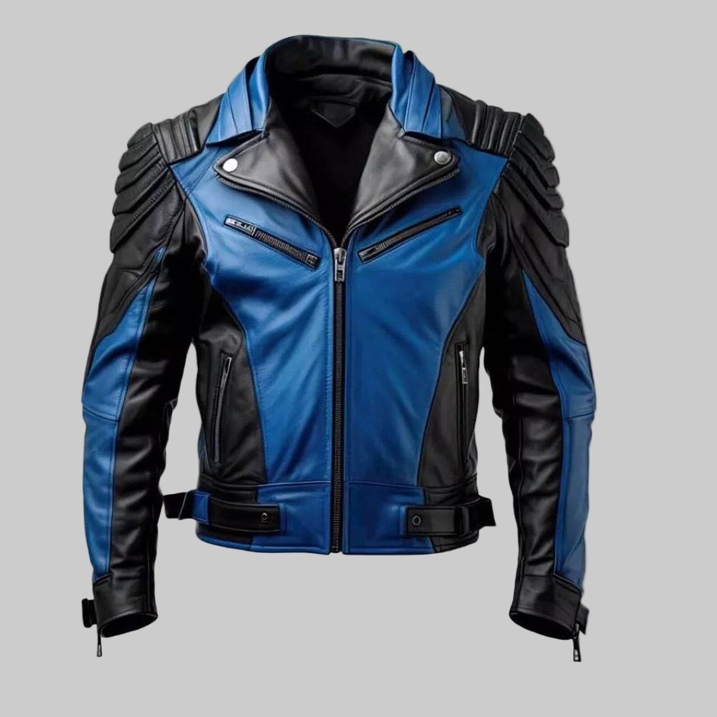 Blue and black leather jacket on a white background