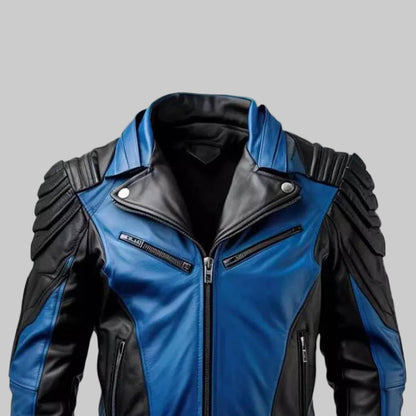 Blue and black leather jacket on a white background