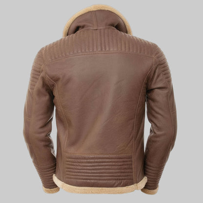 Brown leather jacket with beige lining on a white background
