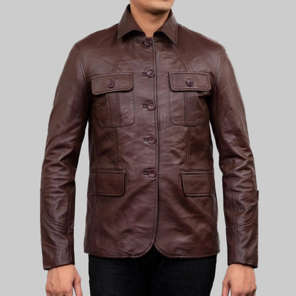 Brown leather jacket on a white background