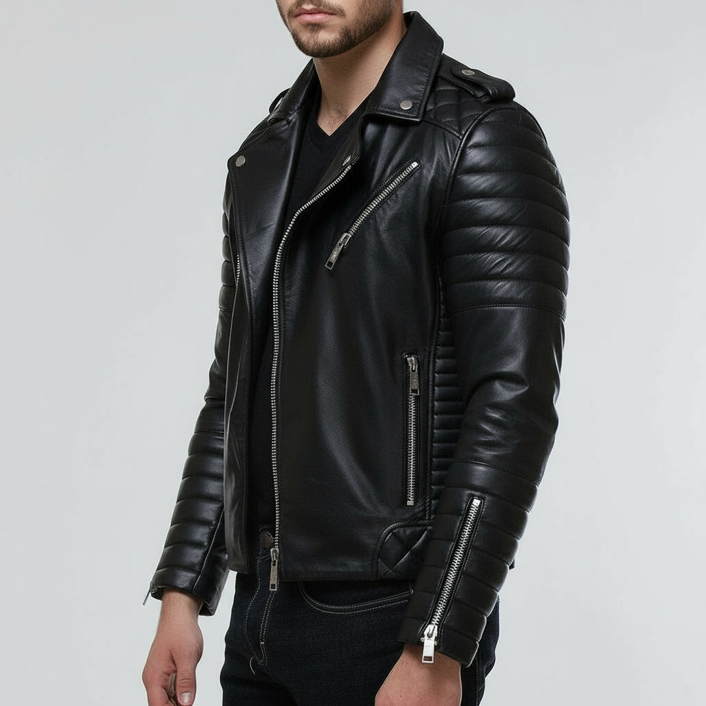 Black leather jacket worn by a person on a white background