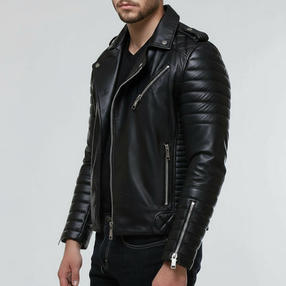 Black leather jacket worn by a person on a white background