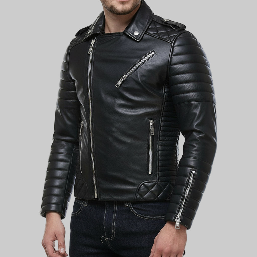 Black leather jacket with zippers on a white background