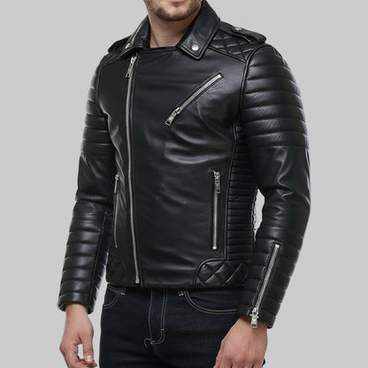 Black leather jacket with zippers on a white background