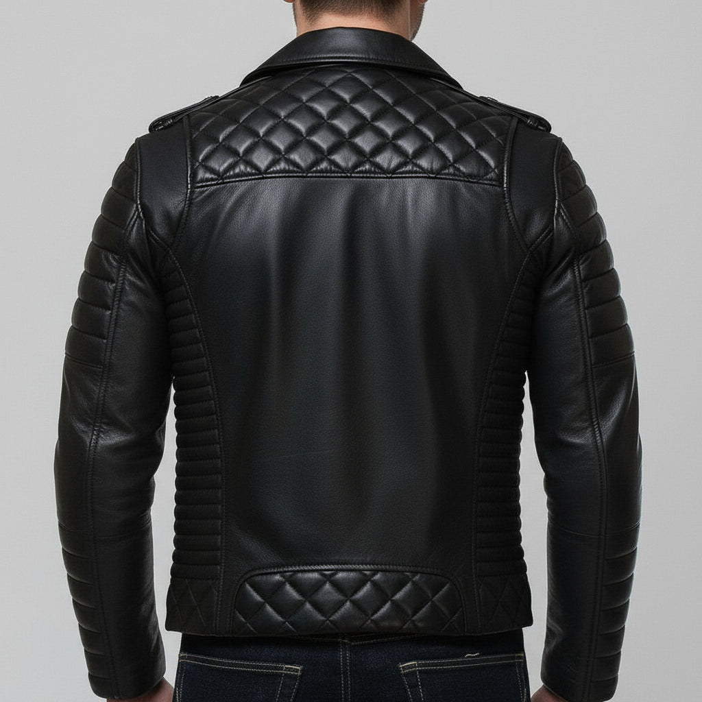 Black leather jacket with quilted design on a white background