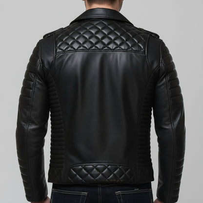 Black leather jacket with quilted design on a white background