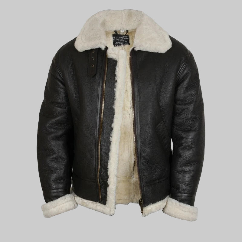 Black leather jacket with white fur lining on a white background