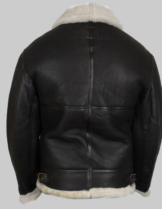 Black leather jacket with white fur lining on a white background