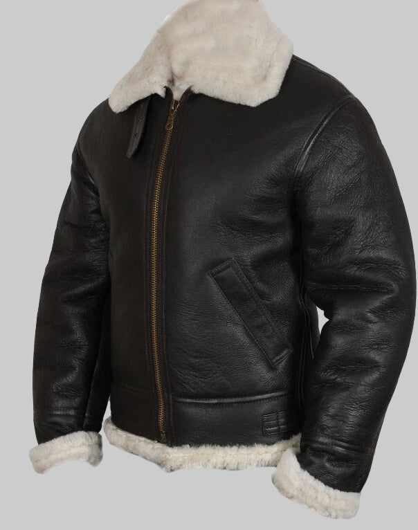 Black leather jacket with white fur lining on a white background