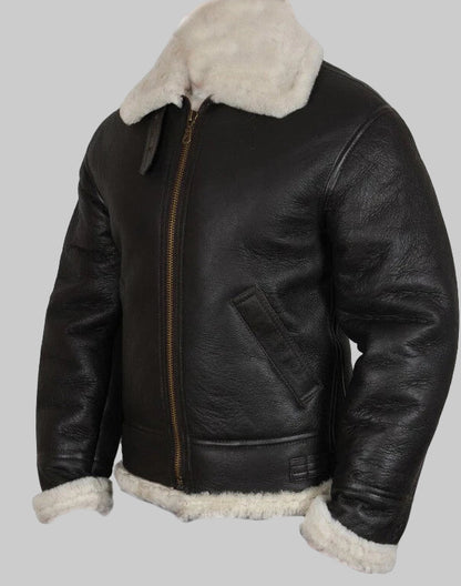 Black leather jacket with white fur lining on a white background
