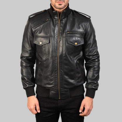 Black leather jacket worn by a person on a white background
