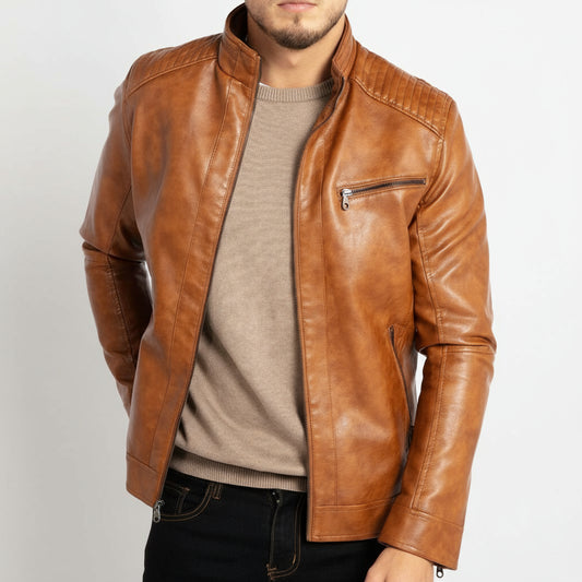 Brown leather jacket worn by a person on a white background
