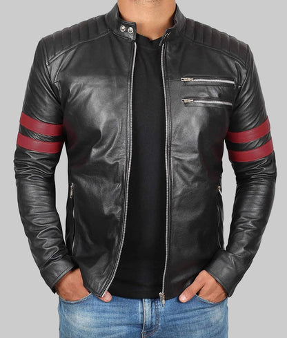 Black leather jacket with red stripes on sleeves worn by a person on a white background