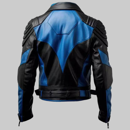 Black and blue leather jacket on a white background