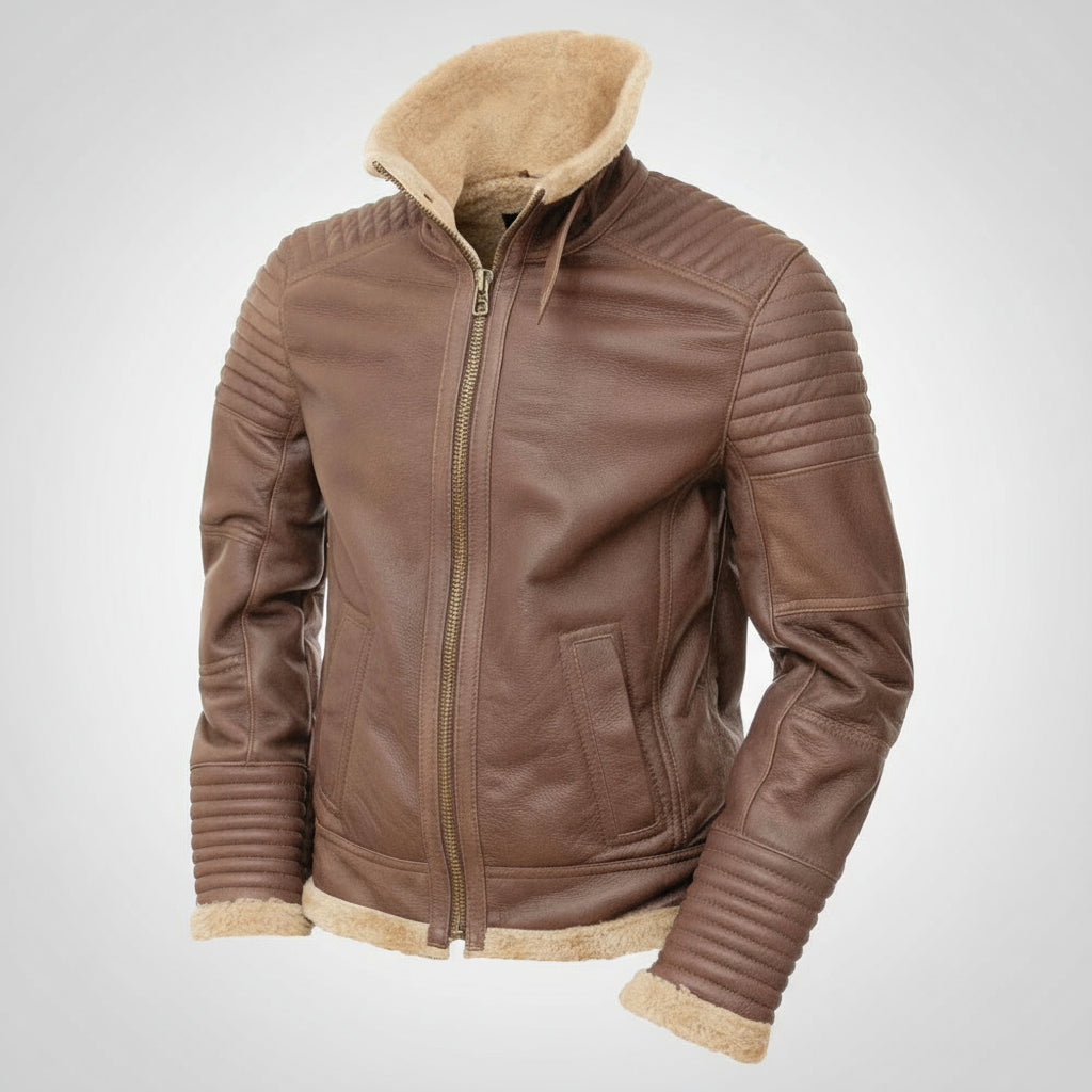 Brown leather jacket with beige fur lining on a white background