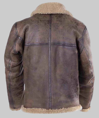 Brown leather jacket with beige fur lining on a white background