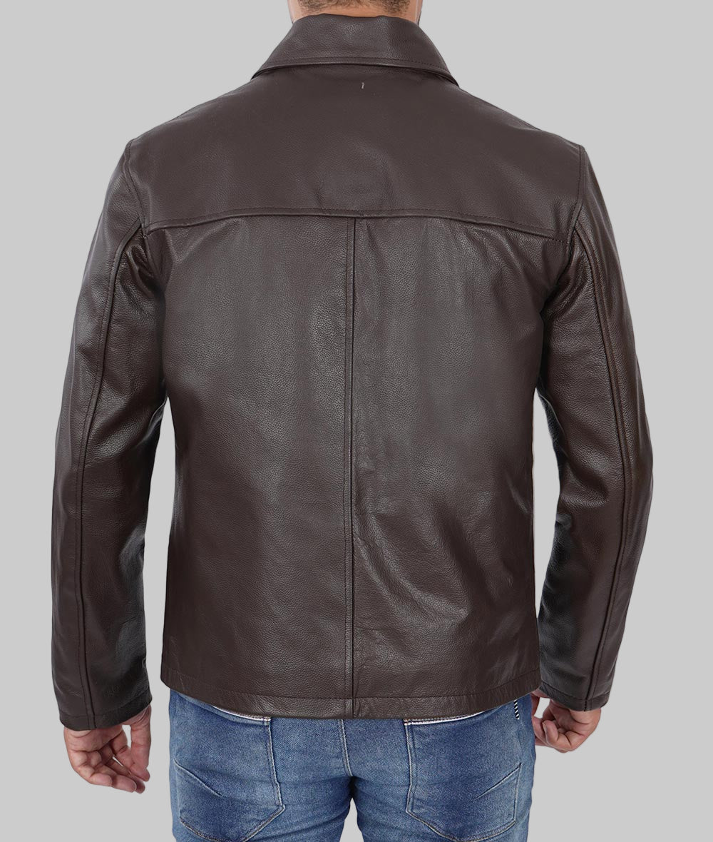 Brown leather jacket worn by a person on a white background