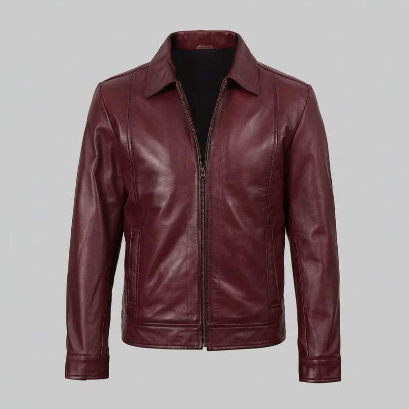 Maroon leather jacket on a white background
