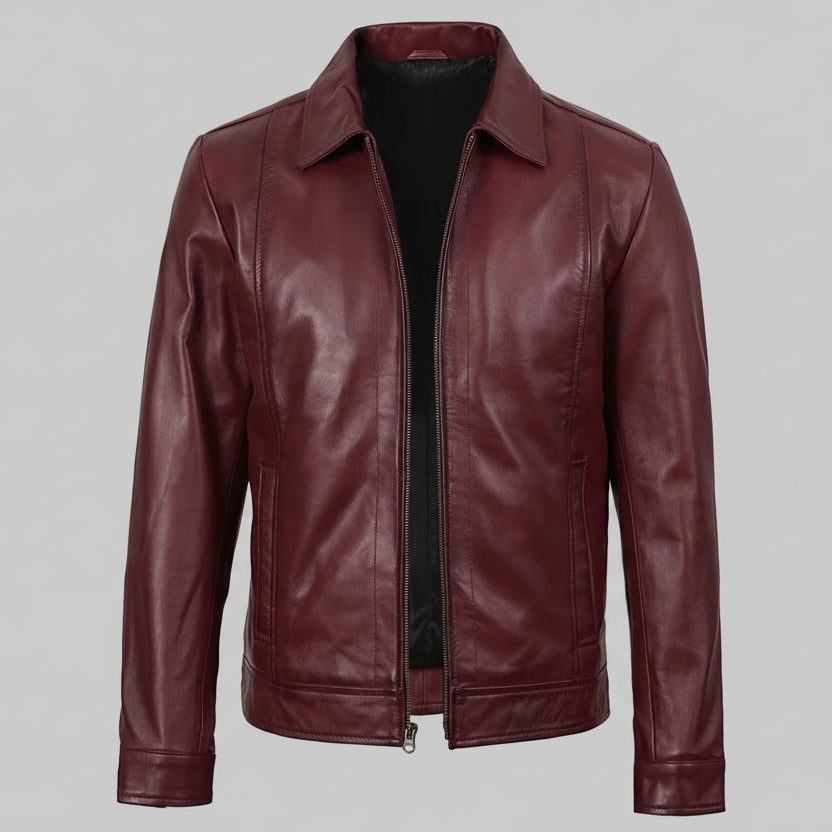 Maroon leather jacket on a white background