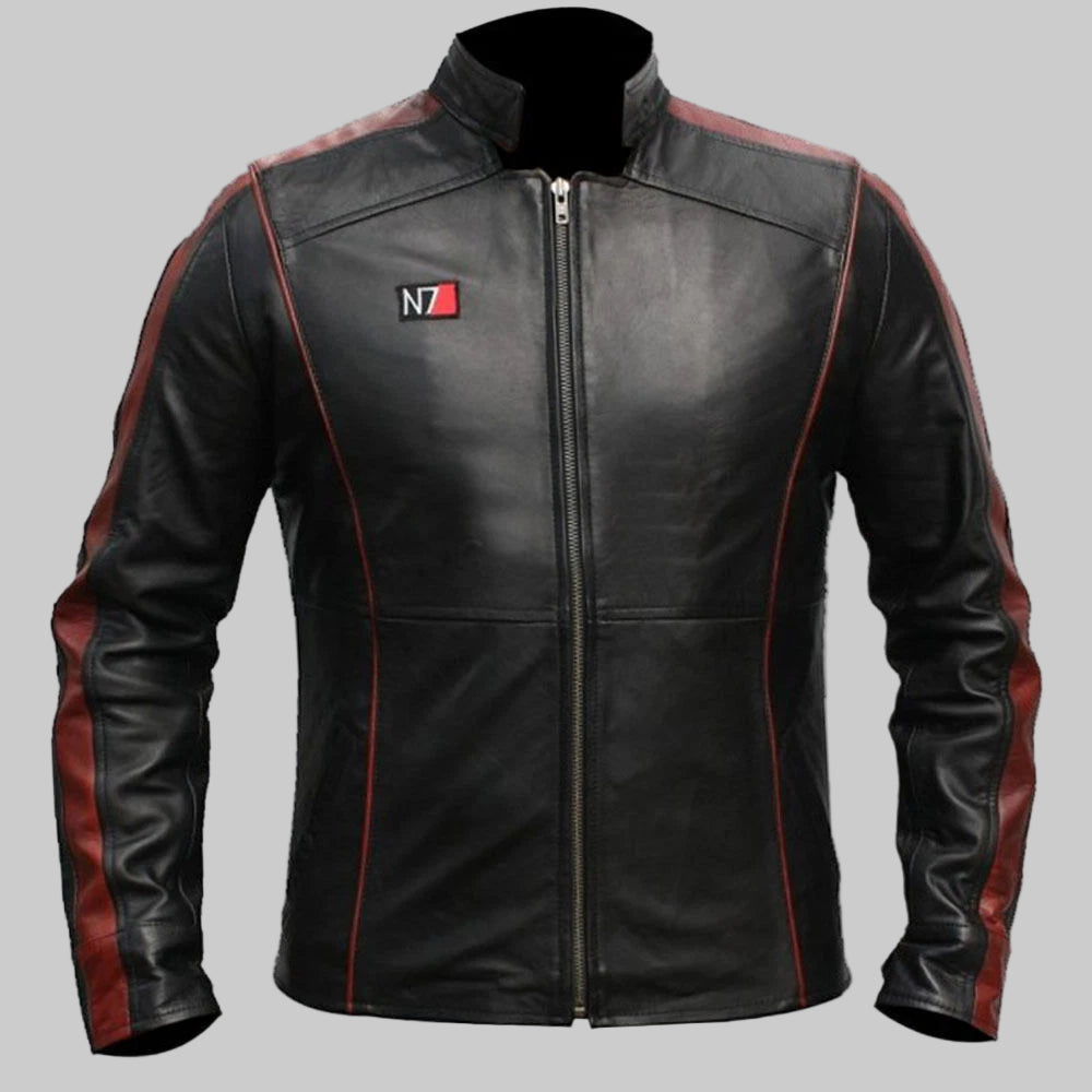 Black leather jacket with red accents and a logo on a white background