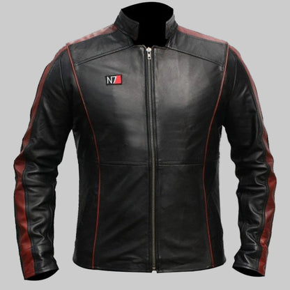 Black leather jacket with red accents and a logo on a white background