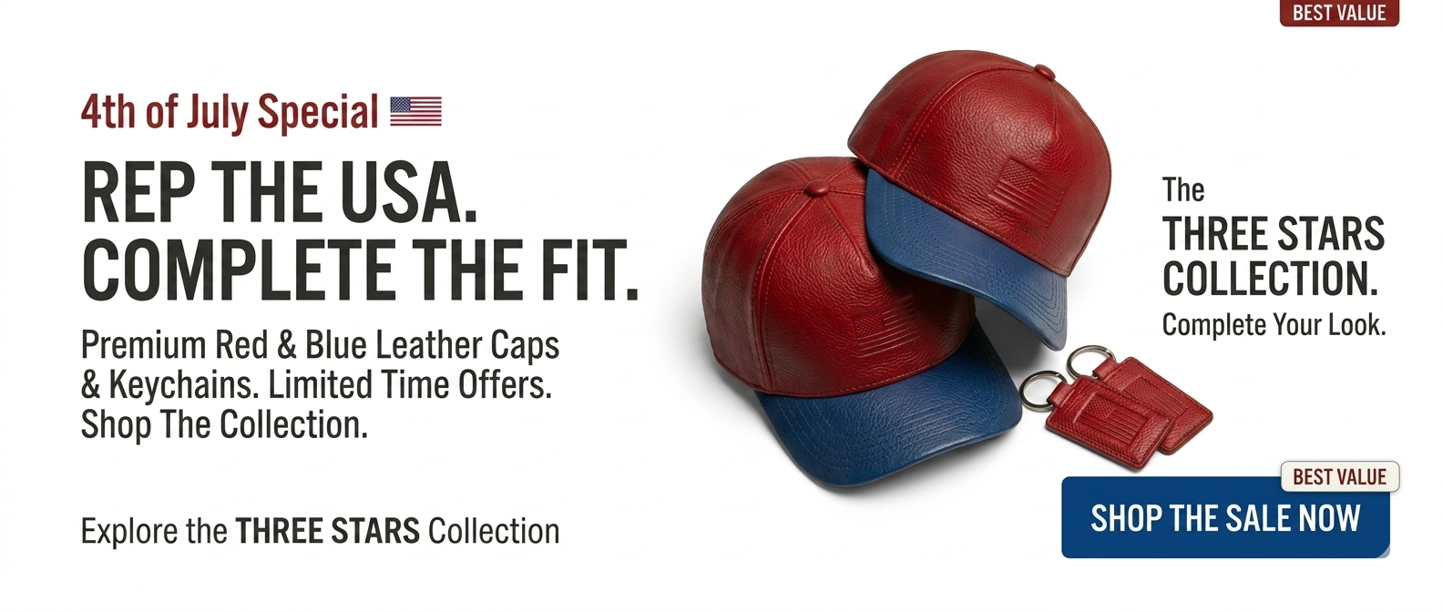 Two red and blue leather caps with a keychain on a black background, promoting the Three Stars Collection.