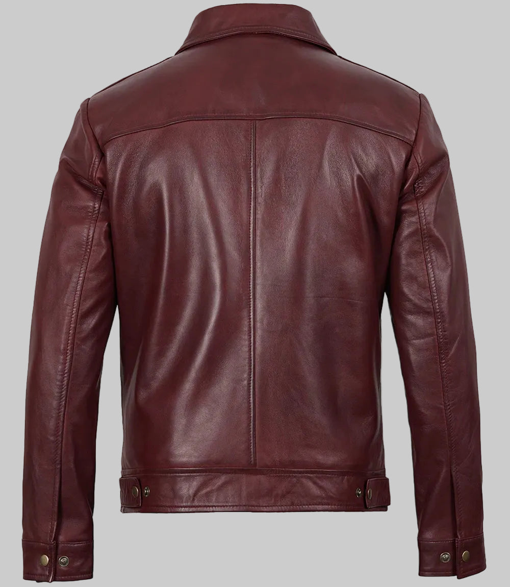Maroon leather jacket on a white background