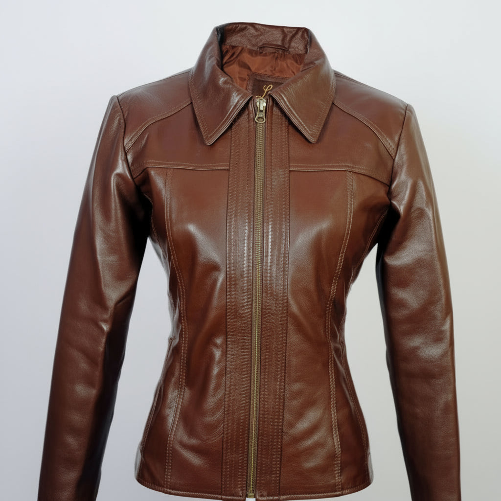 Brown leather jacket on a white background