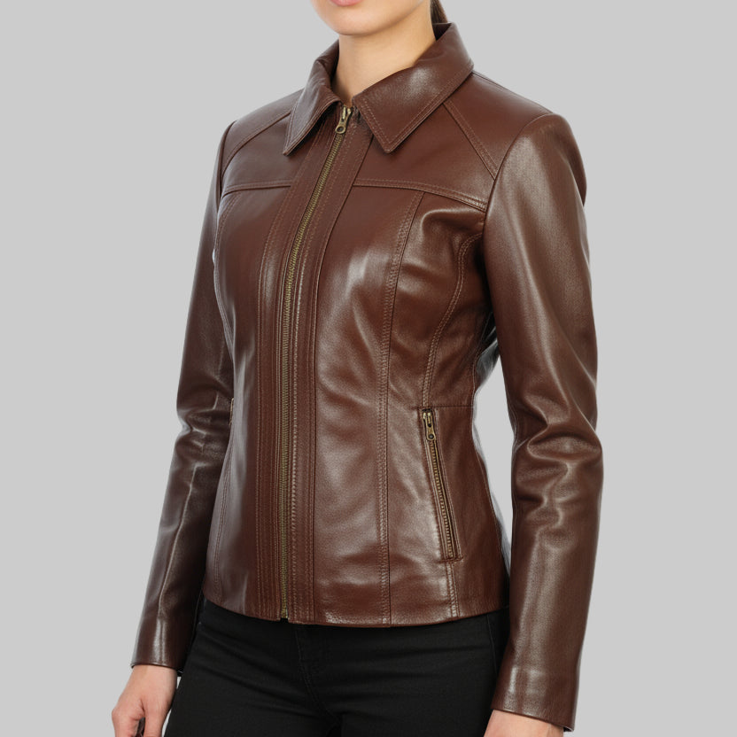 Brown leather jacket on a white background
