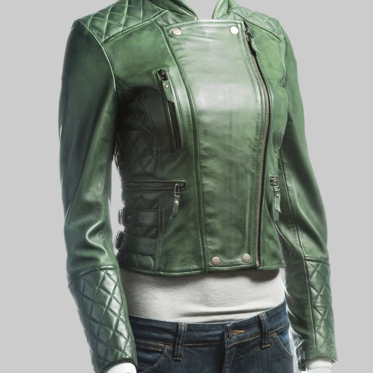 Green leather jacket on a white background