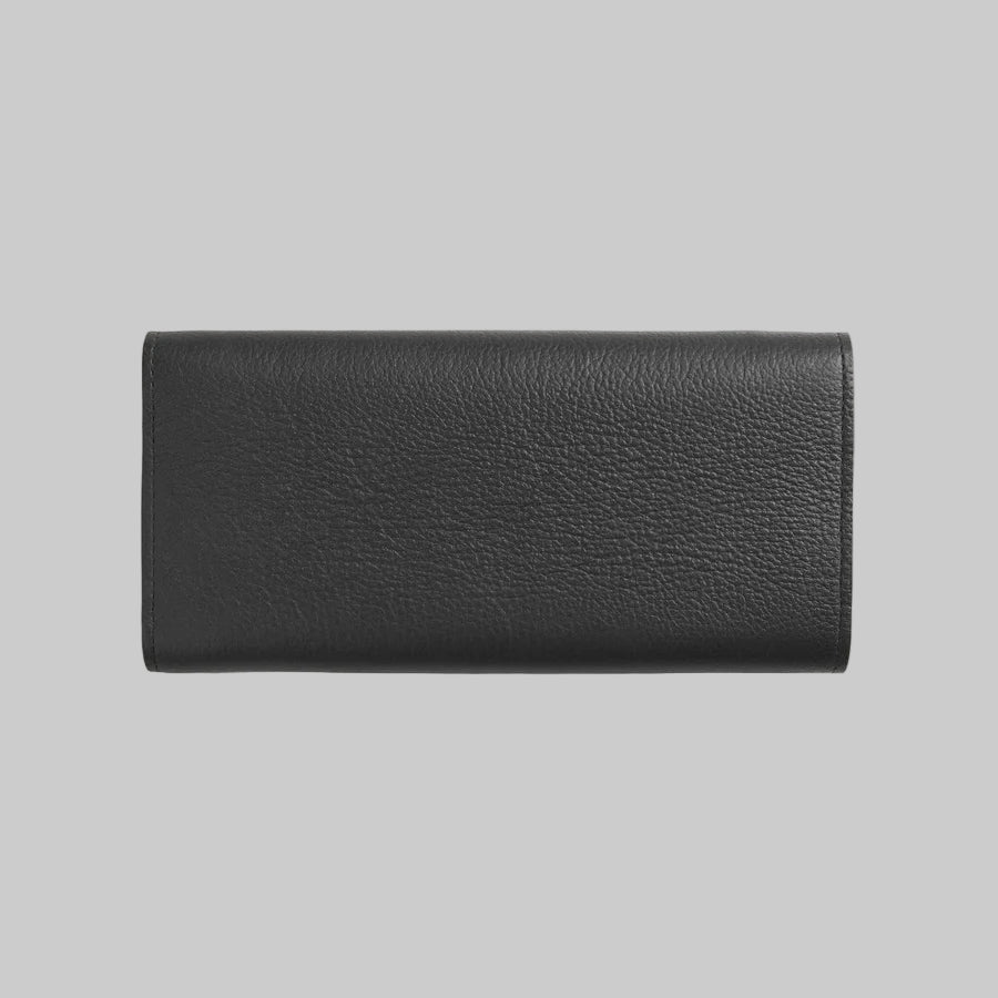 Black leather wallet on a light gray background