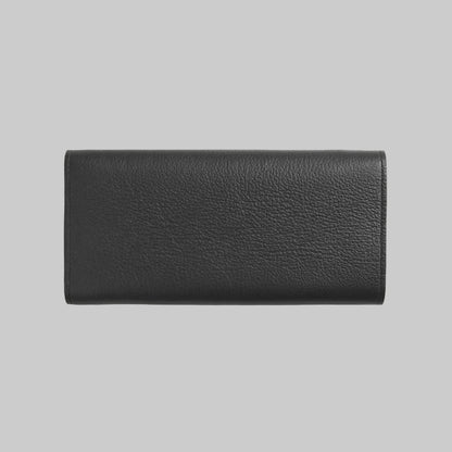 Black leather wallet on a light gray background