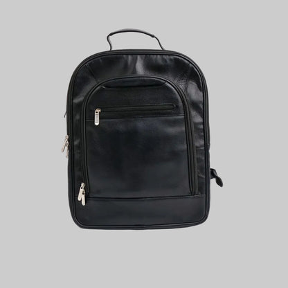 A black faux-leather backpack with a top handle, a front zippered pocket, and silver zipper pulls, shown against a plain white background.