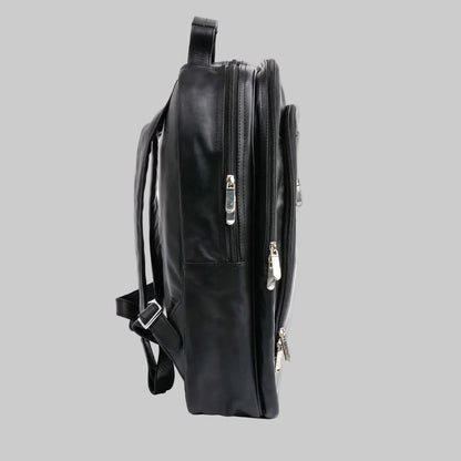 Black leather backpack with zippers on a white background
