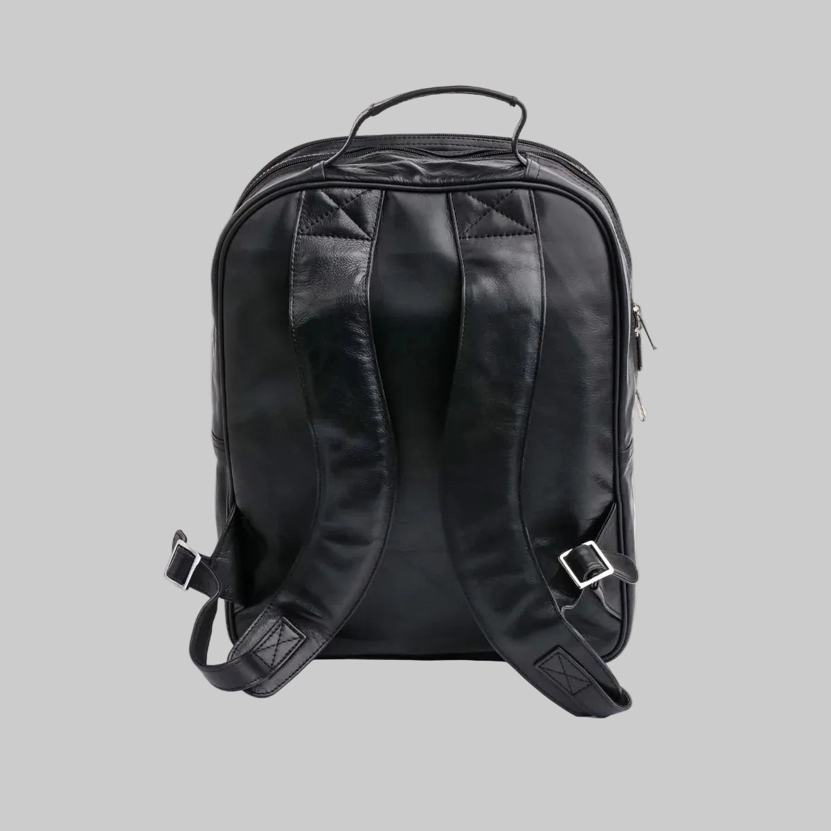 Black backpack shown from the back on a white background