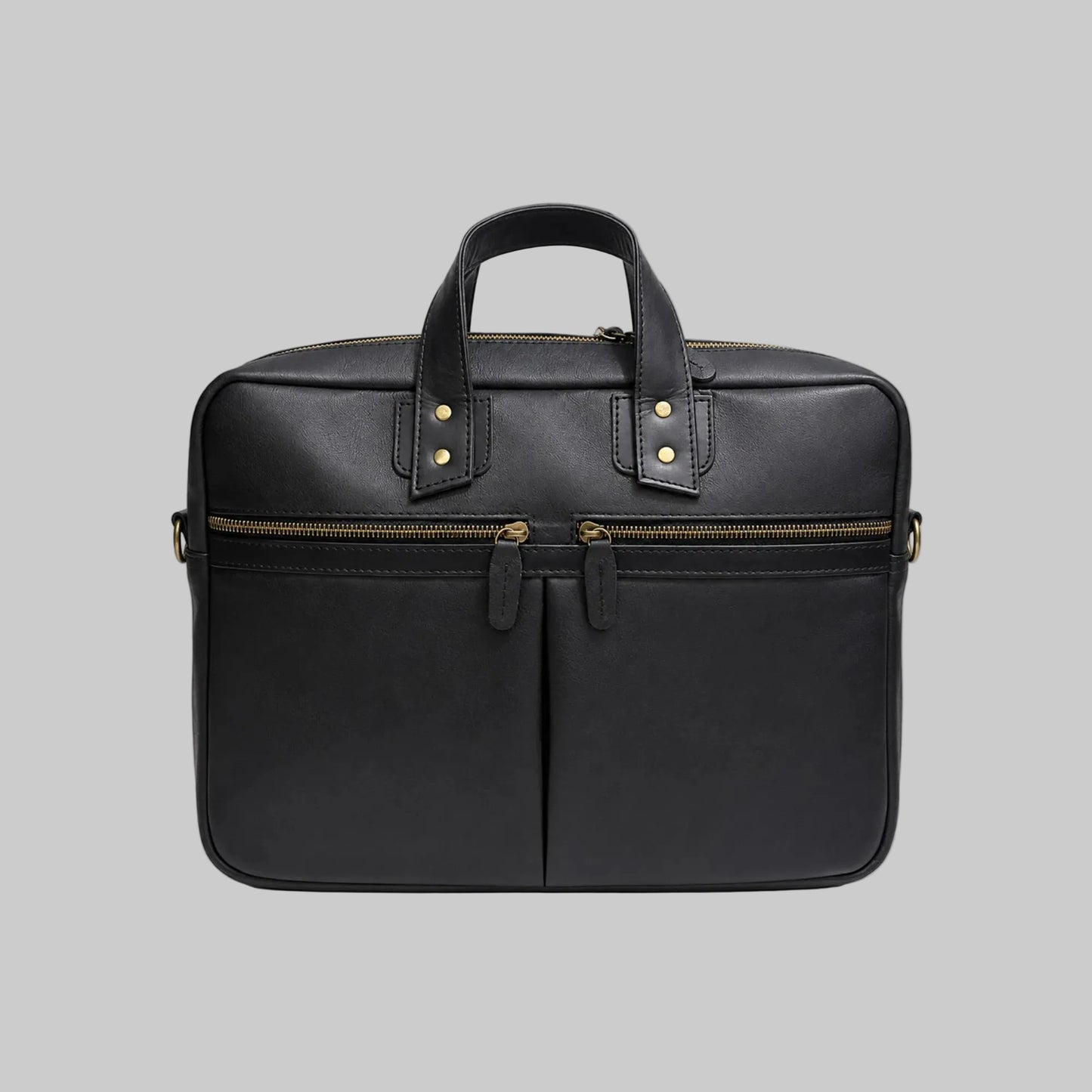 A black leather briefcase with dual top handles, gold-tone hardware, and a front zippered pocket, shown against a plain white background.